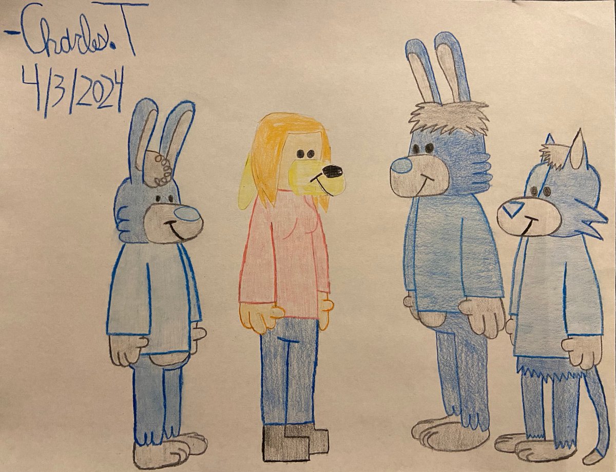 Here's a drawing I made inspired by @patch_a_loo on instagram. Sorry I took so long to post something anything art related.

This is a drawing of a young Charcoal and Clawson with their parents.

#Charcoal #Rabbit #Bunny #Cat #ColoredPencils #Childhood