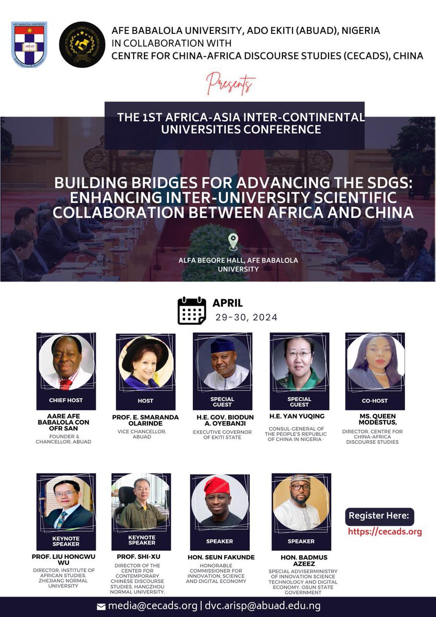 @Abuad_Uni in partnership with the Center for China-Africa Discourse Studies @cecads2023 invites the general public to the 1st Africa-Asia Intercontinental Universities Conference on April 29-30, 2024. More info: cecads.org/first-inter-co… #SDG #China #Asia #education #sdg17