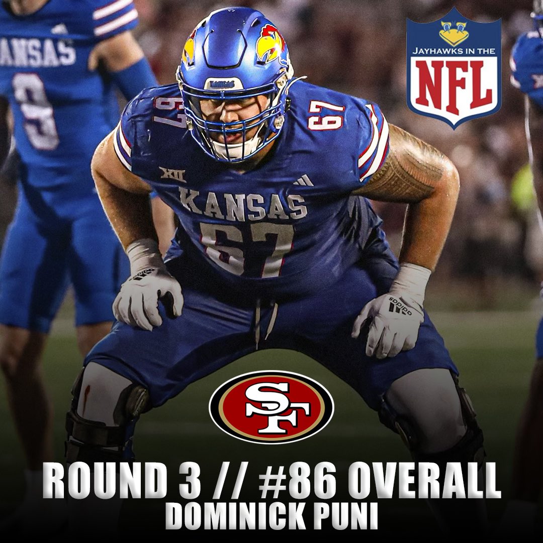 Congrats to KU Offensive Lineman Dominick Puni on being selected in the 3rd round of the 2024 NFL Draft!