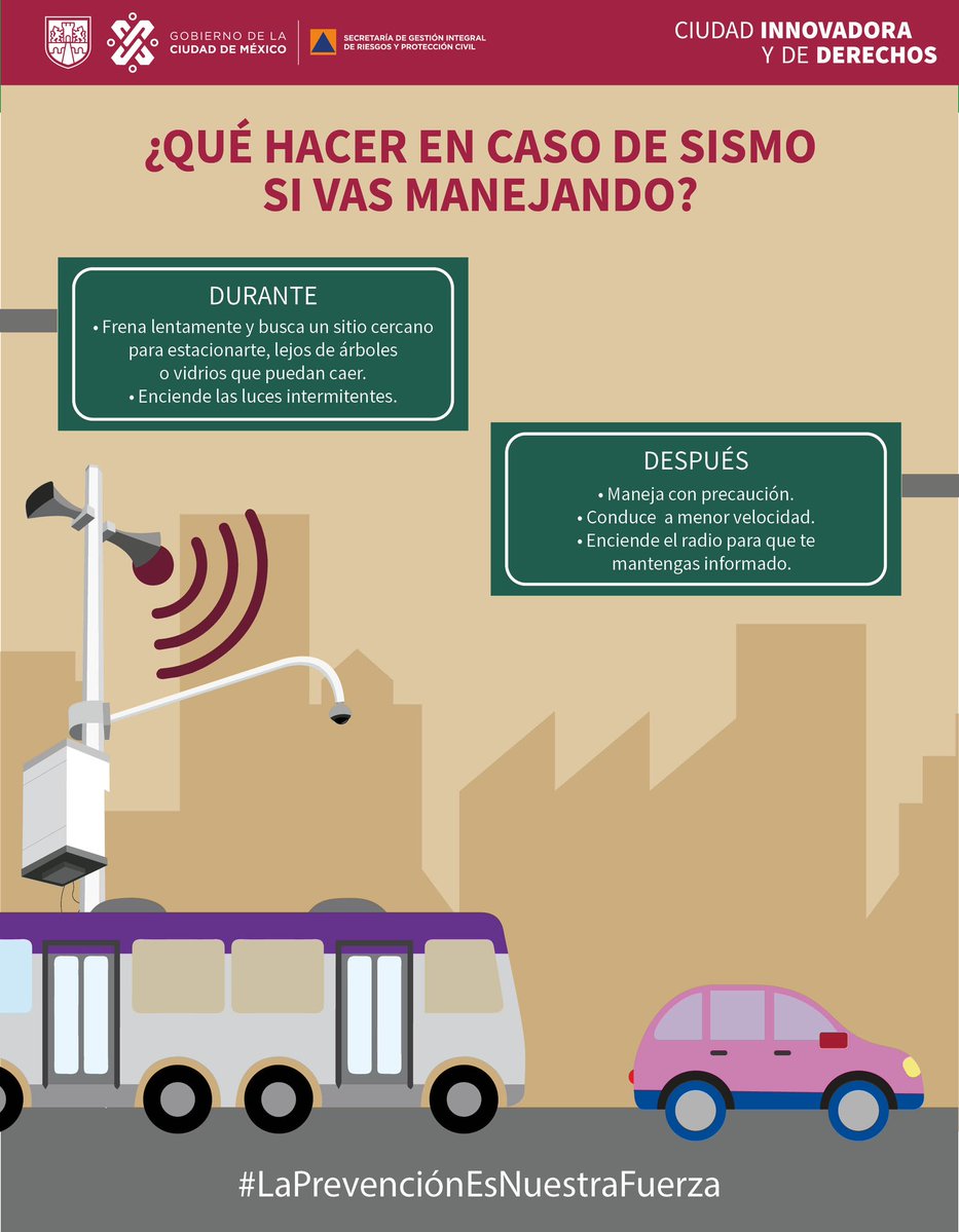 Si vas manejando y se registra un sismo, recuerda: ▶️Frena lentamente y detente en un lugar seguro ▶️Enciende luces intermitentes Después de que haya ocurrido el movimiento: ▶️Maneja con precaución ▶️Conduce a menor velocidad ▶️Mantente informado #LaPrevenciónEsNuestraFuerza