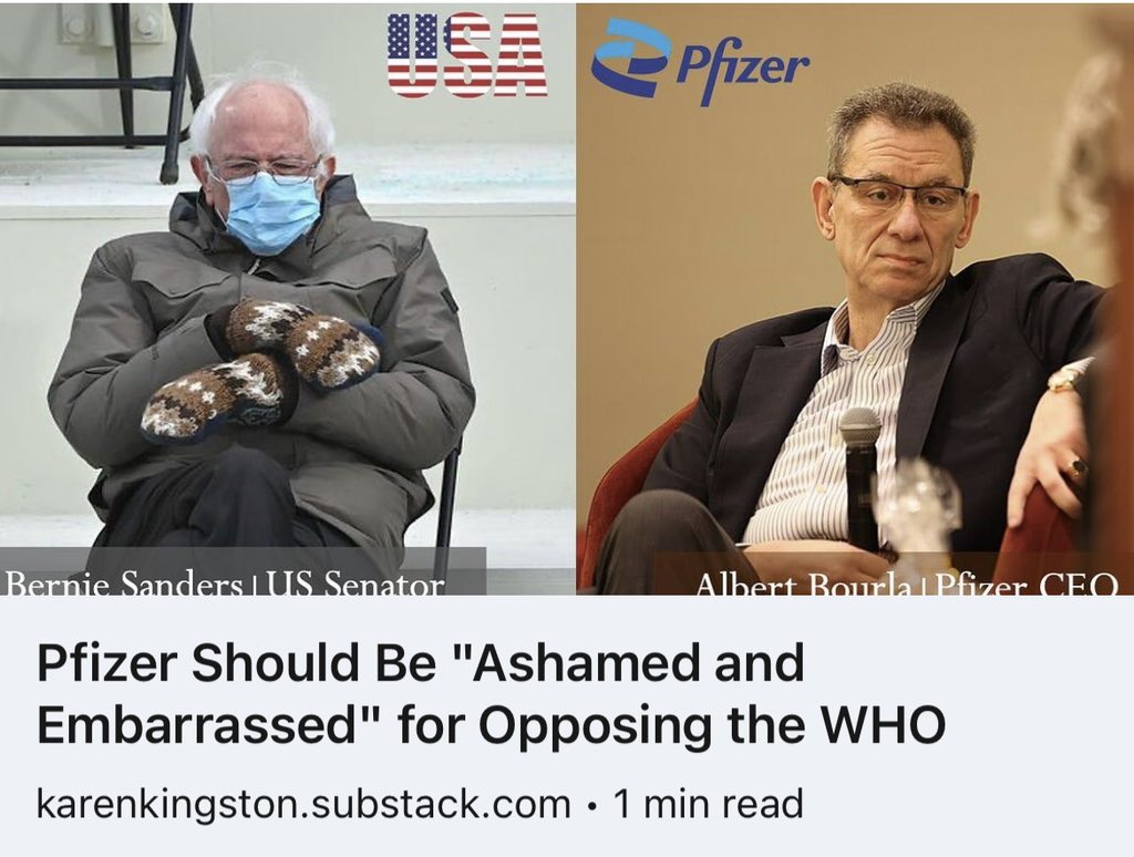 WHO Pandemic Treaty Update: Bernie Sanders sends letter to Albert Bourla rebuking the CEO for 'putting profits over health' and tells Bourla that he has 'an opportunity to do better' by accepting Africa's WHO Treaty IHR amendments. karenkingston.substack.com/p/pfizer-shoul…