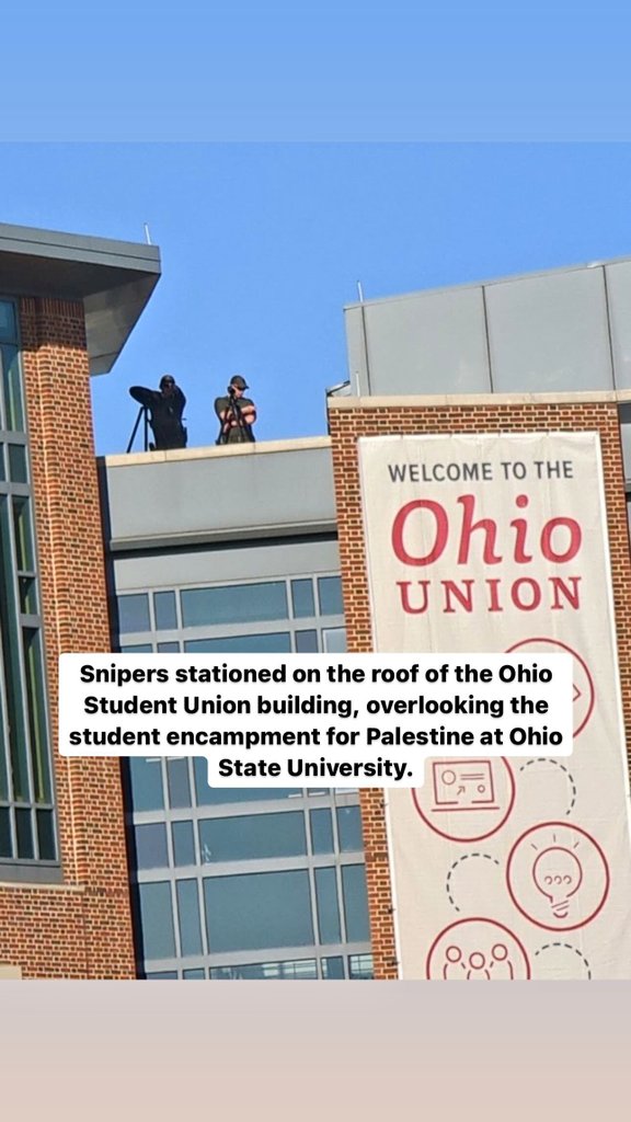 Snipers stationed on the roof of the Ohio Student Union building, overlooking the student encampment for Palestine at Ohio State University.

#AirBlockade4Israel #NoFlyZone4Israel #ICJ_Breach #ICC4Israel #GazaGenocide #PalestinianGenocide #StopArmingIsrael #BoycottEurovision…