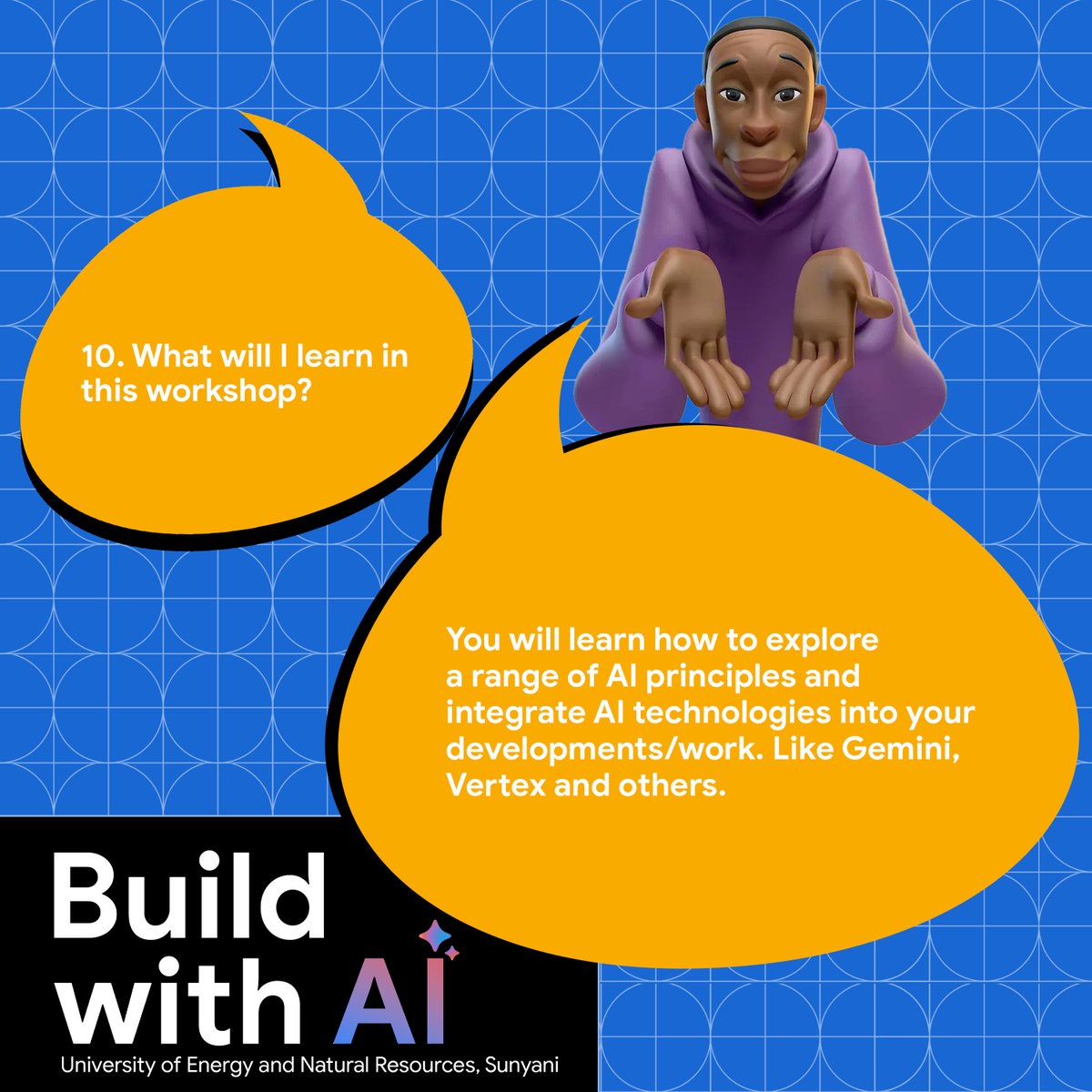 Gdsc_uenr's tweet photo. What will I learn in this workshop?

#gdsc_uenr #gdscSSA #DeveloperStudentClubs #googlebuildwithAI #buildwithai #gemini https://t.co/DrmR4BnQL7