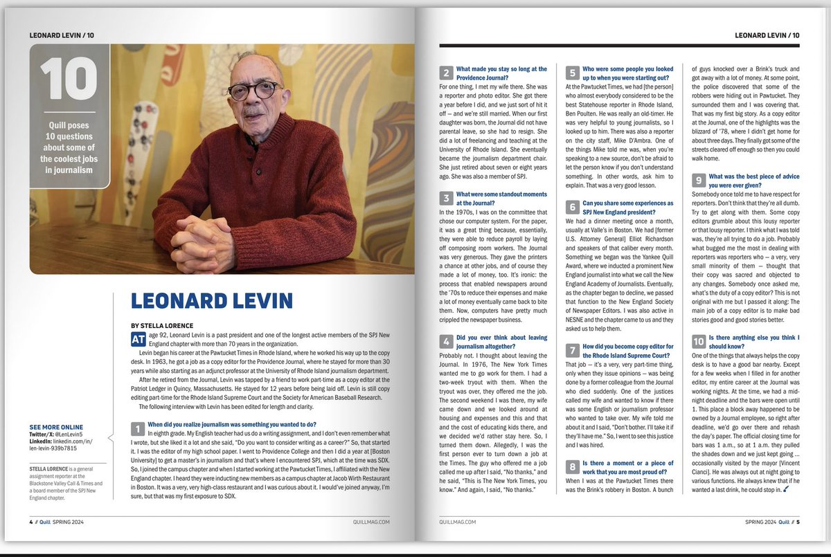 one of my fave Q&amp;As is now online, in which <a href="/LenLevin5/">Leonard Levin</a>, 92 years old, speaks with <a href="/slorence3/">Stella Lorence</a> about his journalism career. this included turning down NYT to stay <a href="/projo/">Providence Journal</a> and his volunteering <a href="/spj_newengland/">SPJ New England</a>. more from <a href="/spj_tweets/">Society of Professional Journalists</a>'s magazine: thedesignhornet.com/books/udzw/#p=7