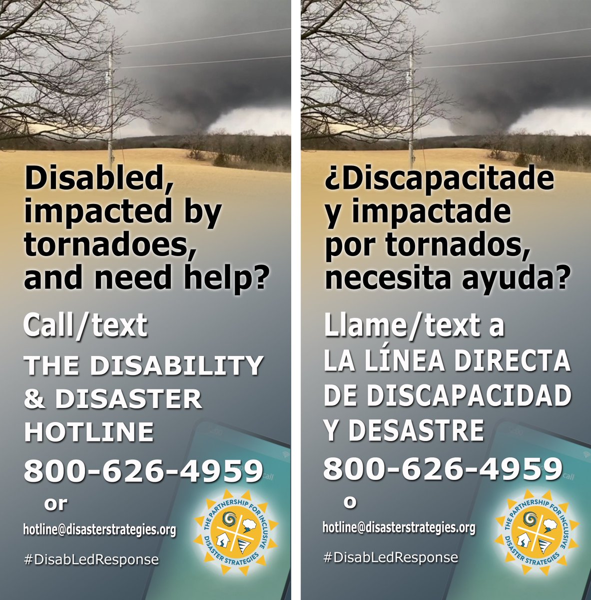 Disabled, impacted by tornadoes need help? Discapacitade, afectade por tornados y necesita ayuda? Try | Trate 211, 311, 800.733.2767 Call/text (llame) Disability & Disaster Hotline 800-626-4959 o hotline@disasterstrategies.org #Omaha #Lincoln #Bennington #Nebraska #Iowa