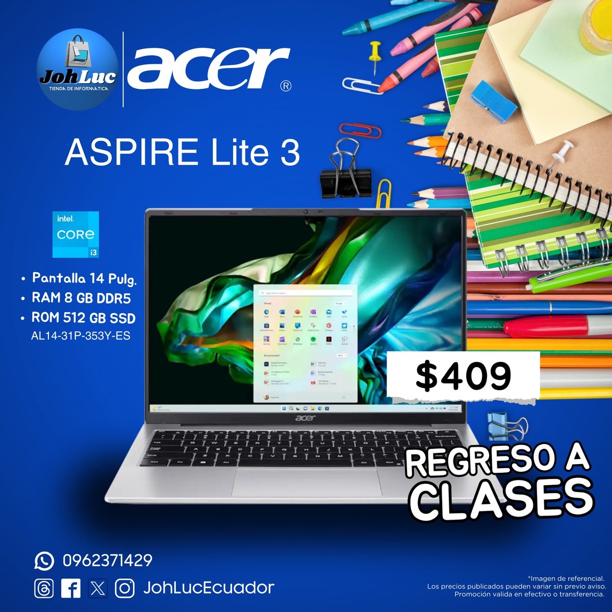 ¡Bienvenido de nuevo a clases! Acer está aquí para hacer tu regreso más emocionante y productivo. 

Prepárate para alcanzar nuevas alturas este año escolar con Acer. 💻📒📖

⚠ Promoción válida por el mes de Abril.**

#JohLuc #acer #RegresoaClases #Ecuador