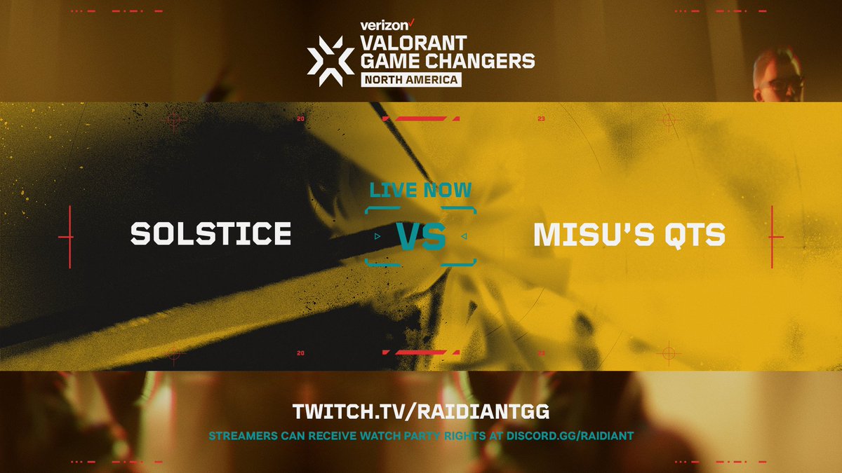 ONLY 8 TEAMS REMAIN: Who will advance to Top 4? 👀

⚔️ Solstice vs @misusqts 
🏆 #VCTGameChangersNA
📺 twitch.tv/RaidiantGG