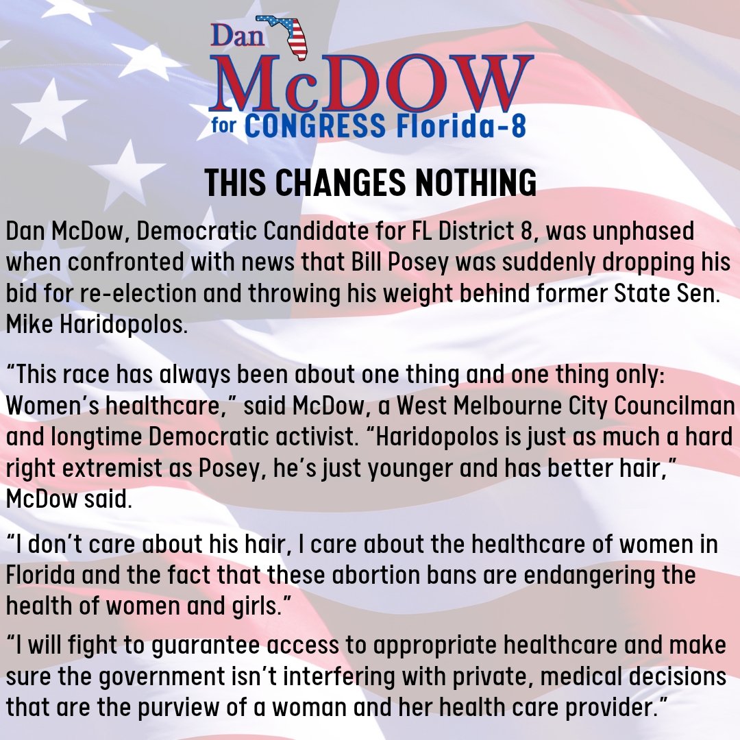 💥  BREAKING NEWS!  

Bill Posey has withdrawn his bid for reelection!

#RoeYourVote
#McDow4Congress