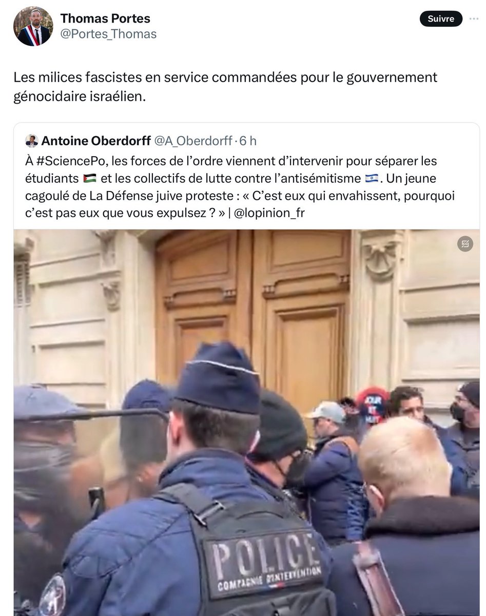 20 avril 2017, Xavier Jugelé est tué de deux balles dans la tête par un terroriste islamiste à Paris. 

26 avril 2024, Thomas Portes, élu LFI, qualifie la police française de 'milices fascistes'. 

À vomir. 

@Portes_Thomas est une honte pour le pays.