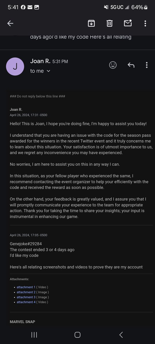 I've reached out to both @nuverseofficial support and the @MARVELSNAP about the code I won from their recent contest. I still have not received my prize or a response from the twitter account. Below is proof of win and support denying any kind of responsibility of it.