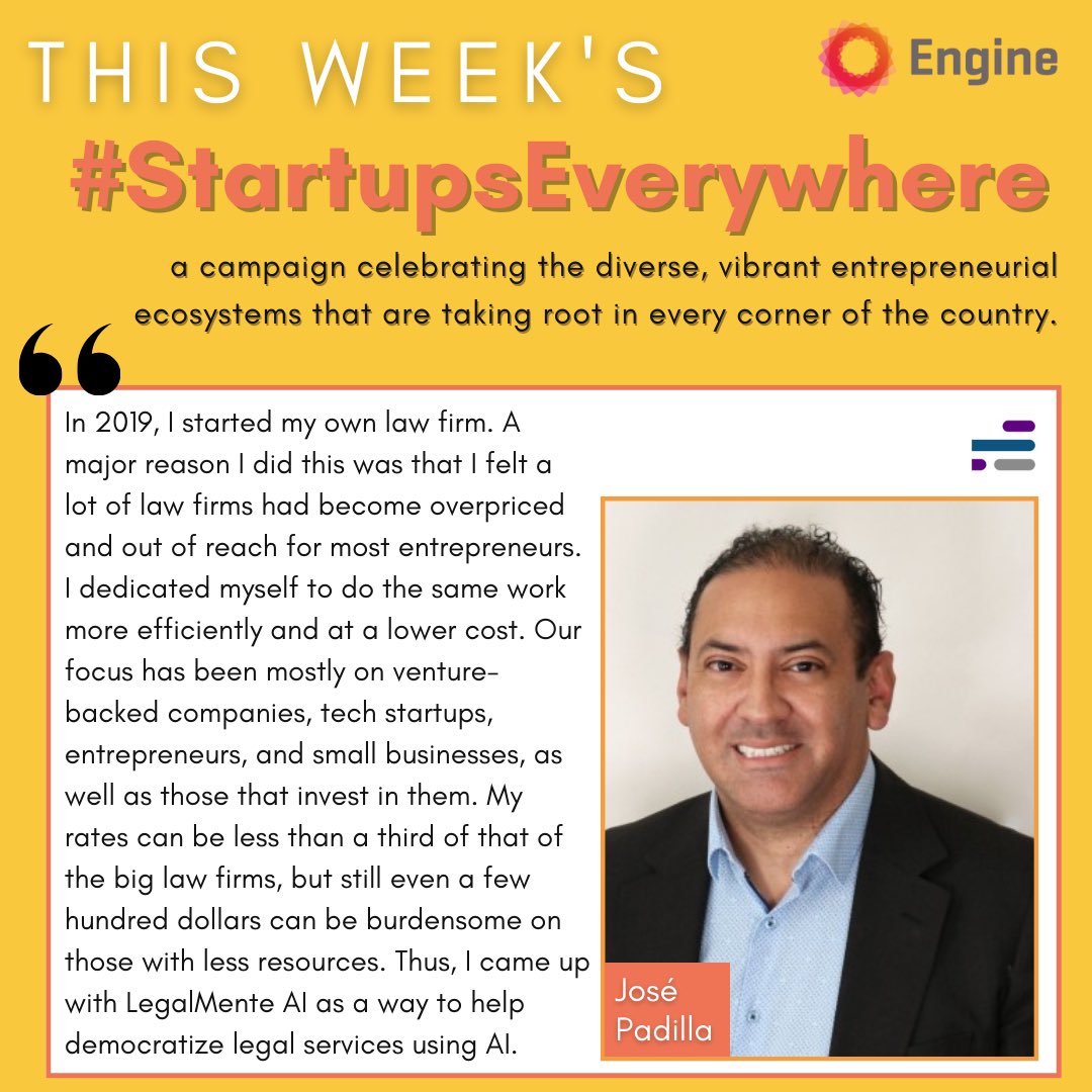 For this week's #StartupsEverywhere, we sat down with José Padilla of San Antonio-based @LegalMenteAI. Read more here: engine.is/news/startupse…