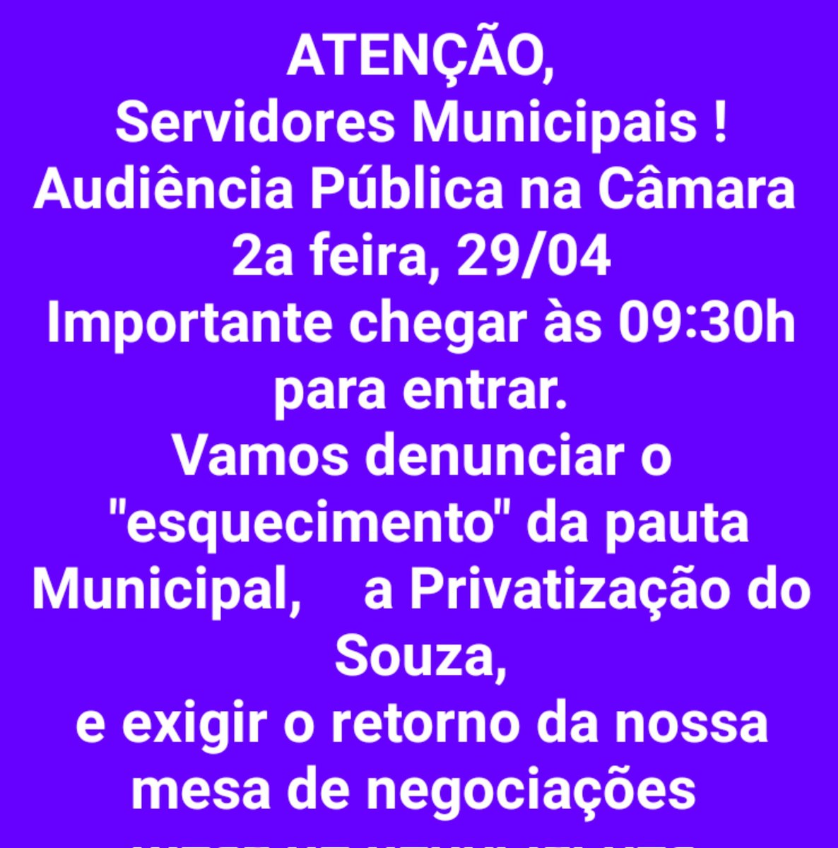 Cadê as mesas de negociação? Descumprem a lei e NADA acontece? E por que o repasse do SUS para a prefeitura ainda permanece? As alianças políticas estão fazendo vereadores esquecerem que NÓS não esquecemos o PCCS.
Esteja presente, peça a palavra!
PCCS JÁ!
#PccsSaudeRio