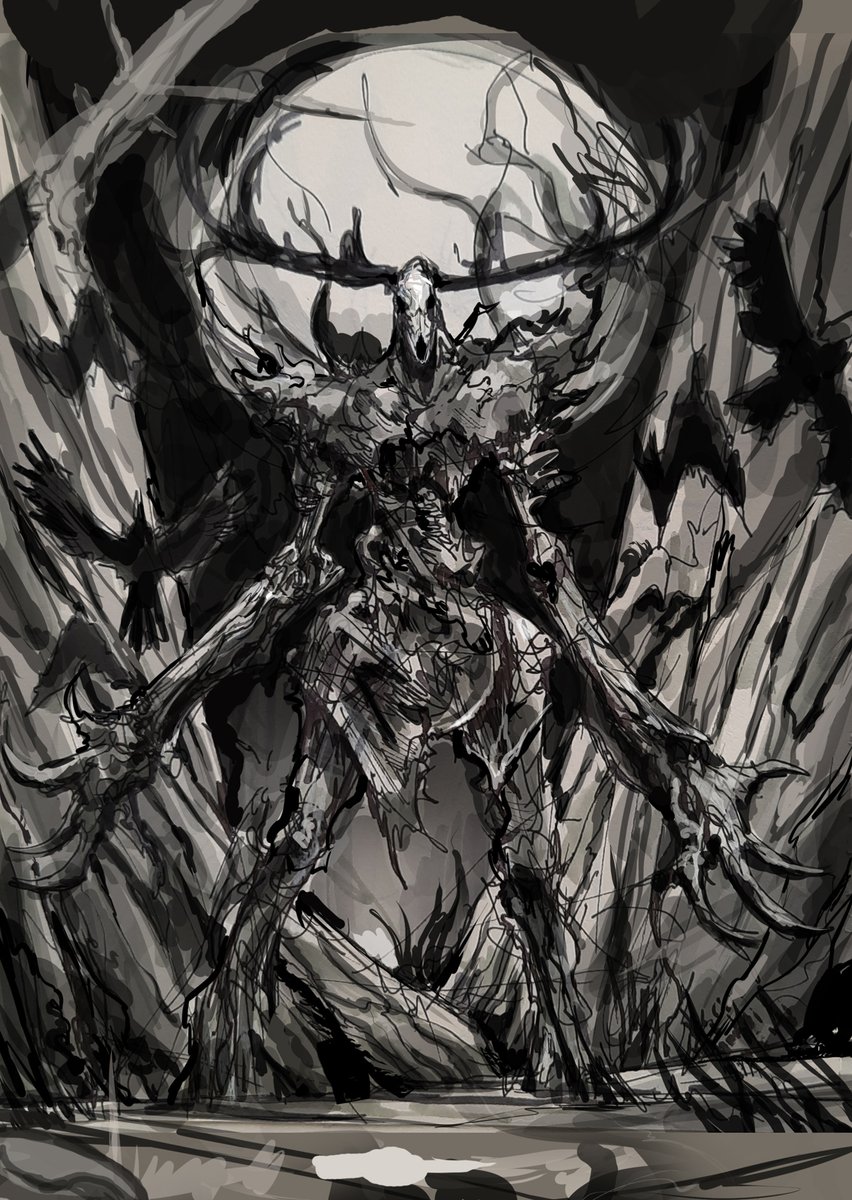 One of the discarded sketches I did for the Leshen. 

Made it with pen and markers and then retouched it digitally.

I kinda like the scene.