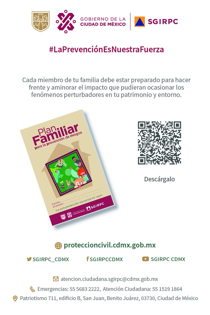 Realiza tu Plan Familiar 1⃣Detecta/reduce riesgos dentro y fuera de tu hogar 2⃣Identifica zonas de menor riesgo 3⃣Ejecuta el plan 4⃣Realiza simulacros Incluye a todos los integrantes de tu familia y animales de compañía. #LaPrevencionEsNuestraFuerza 🎙️soundcloud.com/sgirpc-cdmx/pl…