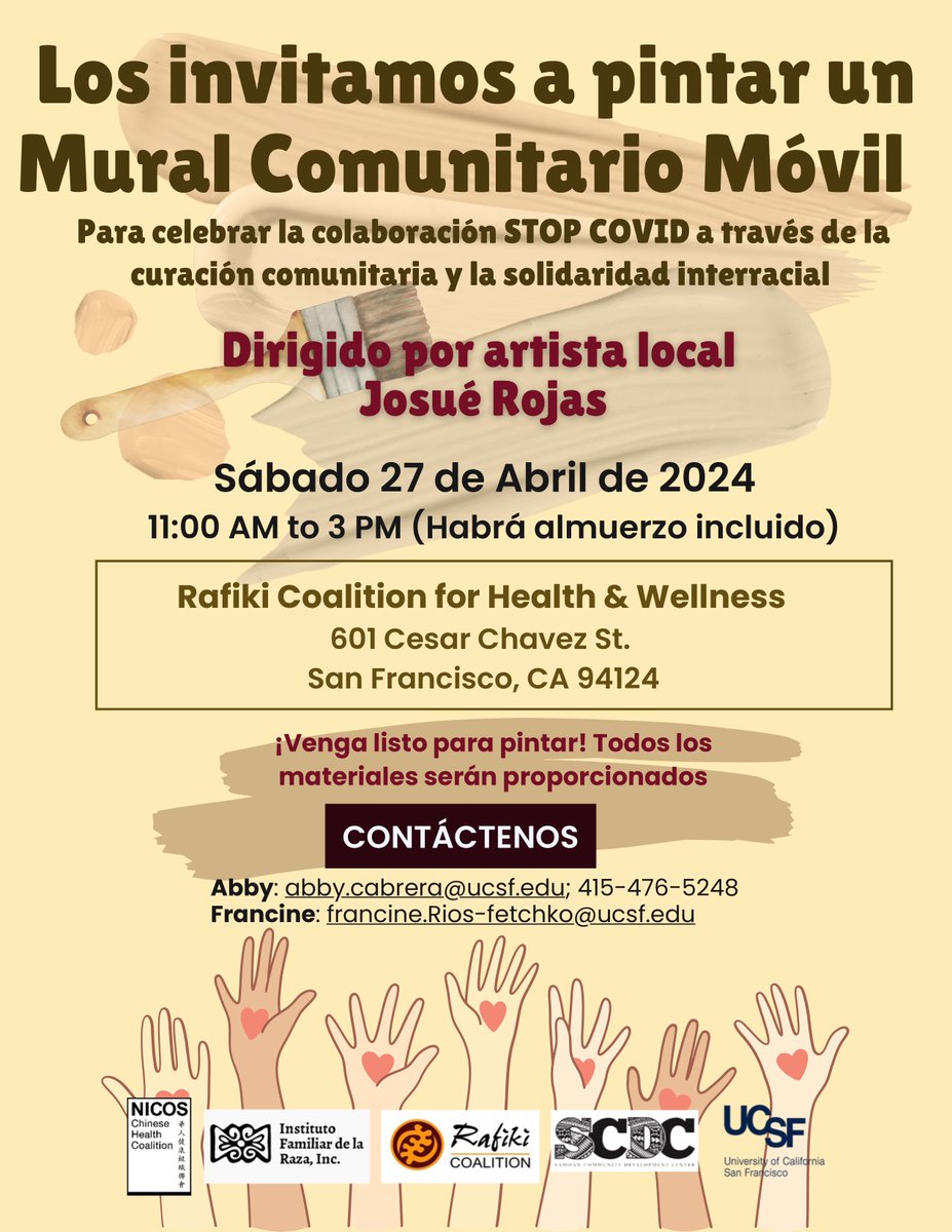 ¡Tengan sus brochas listas! ¡Únase a nosotros para crear un mural comunitario móvil que celebre la colaboración STOP COVID y la solidaridad interracial! Este proyecto de arte colaborativo será dirigido por el artista local Josué Rojas.