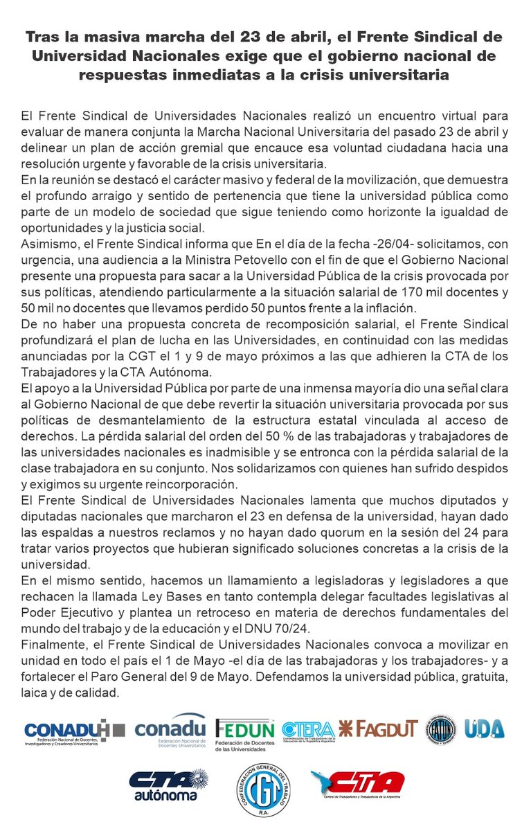 #FrenteSindicalUniversitario 🔵Tras la masiva marcha del 23 de abril, el Frente Sindical de Universidad Nacionales exige que el gobierno nacional de respuestas inmediatas a la crisis universitaria. 🔗bit.ly/4dcjtat