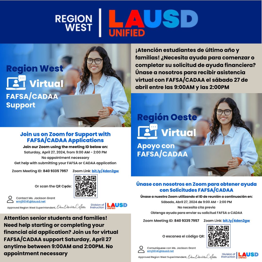 Attention senior students and families! Need help starting or completing your financial aid application? Join us for virtual FAFSA/CADAA support Saturday, April 27 anytime between 9:00AM and 2:00PM. No appointment necessary