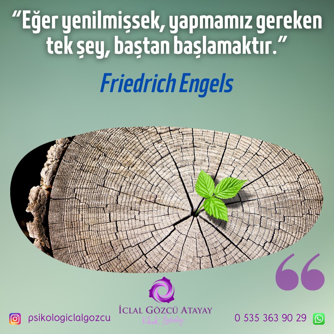 “Eğer yenilmişsek, yapmamız gereken tek şey, baştan başlamaktır.”
Friedrich Engels

#FriedrichEngels #Engels #Psikolog #Psikoloji #Psikoterapi #motivasyon #kişiselgelişim #pozitifdüşünce