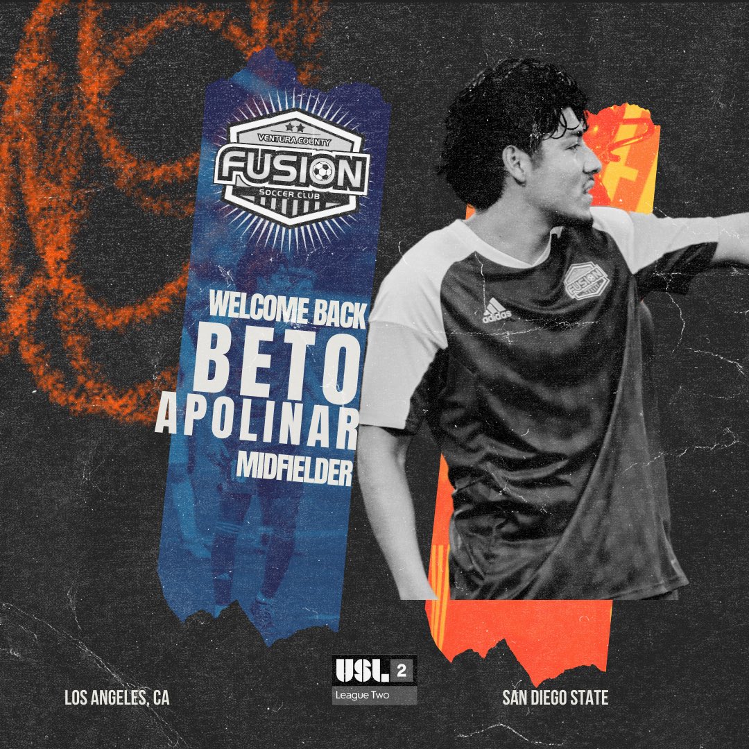 Beto is BACK! 💪 Beto Apolinar returns to Fusion! Finishing off his sophomore season as a starter with San Diego Sate in the Pac 12 leading with the most mins played as a midfielder. We are excited to welcome back Beto for the second season! 🔵🟠 #Prideofthe805 #VamosFusion