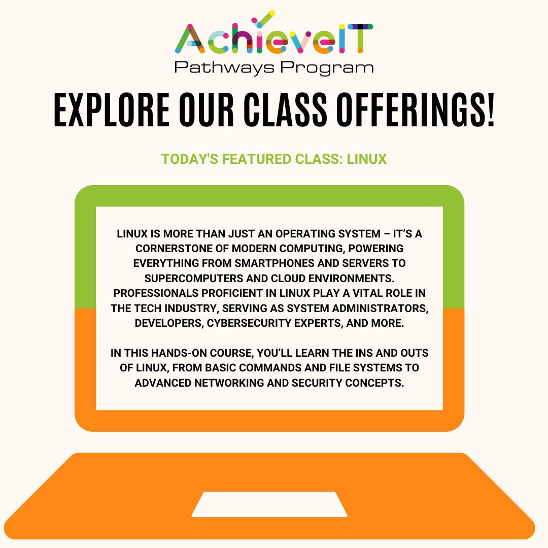 Dive deep into the world of Linux with AchieveIT Pathways Program! 💻 Don't miss our upcoming class focusing on this essential operating system. Secure your spot now and expand your tech skills! Sign up today using the link in our bio. #Linux #AchieveITPathways #SignUpNow