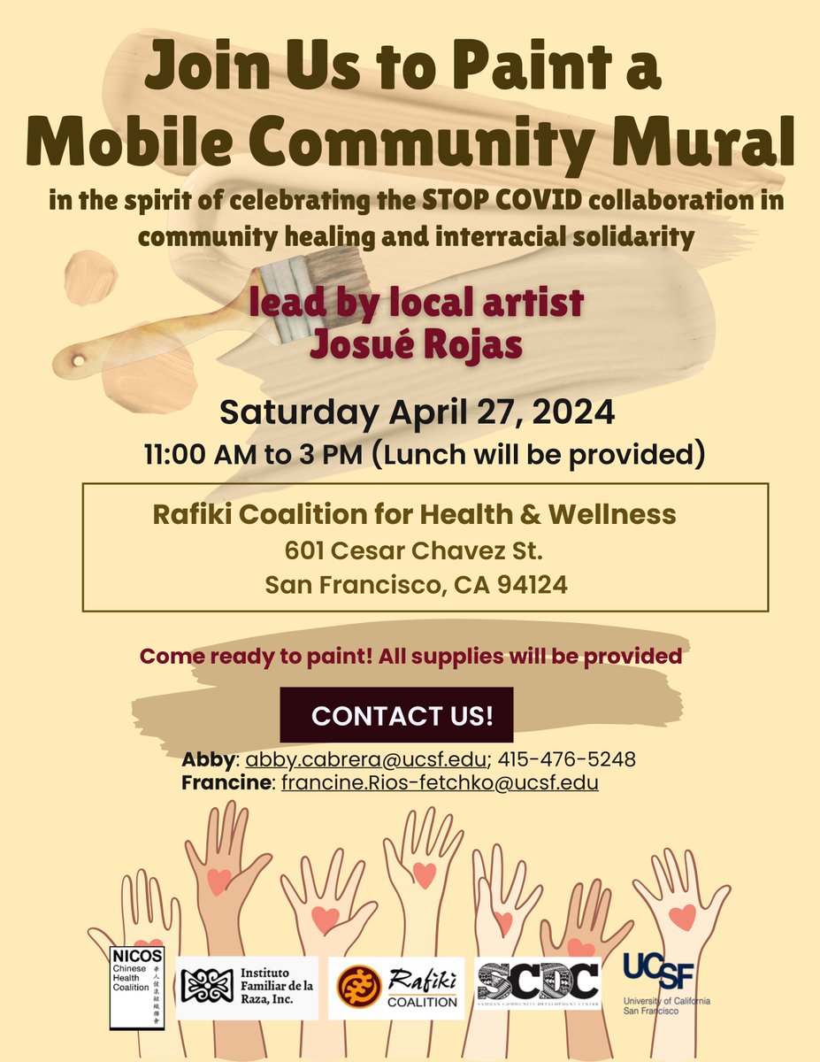 Brushes at the ready! Join us in creating a Mobile Community Mural celebrating the STOP COVID collaboration and interracial solidarity! This collaborative art project will be led by local artist Josué Rojas.