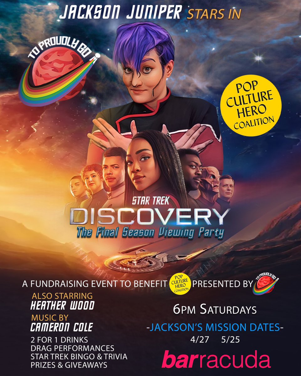 toproudlygo's tweet photo. Check out our Trek’tastic #dragshow and #StarTrekDiscovery viewing party 6pm Saturdays at @BarracudaLounge! This week is featuring @TheHeatherWood as #Janeway and #JacksonJuniper as #Spock

Event details here: https://t.co/gbIeJL6ZpP

#StarTrek #SciFi #LGBTQIAplus #Trekkie #Queer https://t.co/K9XiL9JGT6