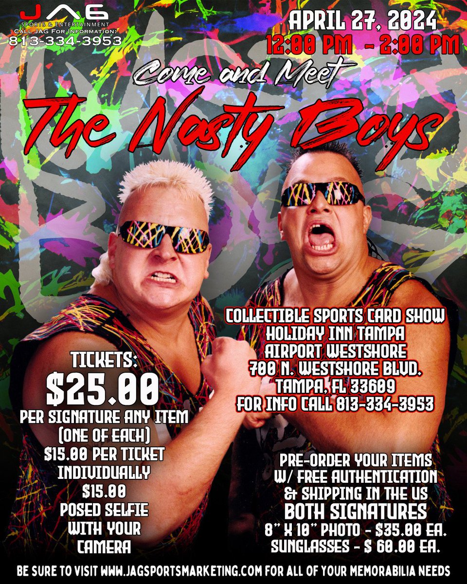 Hey Tampa Tomorrow it's Time to 
Get Nasty @JAGSPORTS are bringing in The Nasty Boys for a Meet & Greet
for the Collectible Sports Card Show at the HOLIDAY INN Tampa Airport Westshore so stop by and say Hello or for a quick Pity City !! 😂😂