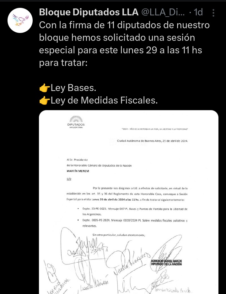 🇦🇷 URGENTE: La Libertad Avanza llamó a votar este LUNES 29 la Ley de Bases y Puntos de partida para la Libertad de los argentinos.