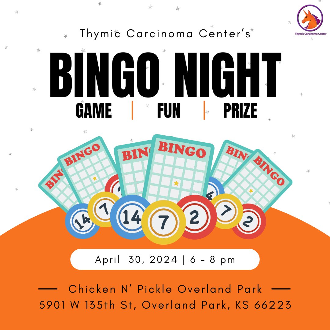 JUST 4 DAYS AWAY!! Save your spot for Bingo Night on Tuesday, April 30 from 6-8 pm at Chicken N’ Pickle Overland Park for an unforgettable evening of fun and fundraising, all in support of the Thymic Carcinoma Center.

[Register here: ow.ly/r9fO50RkuCx]

#BingoNight