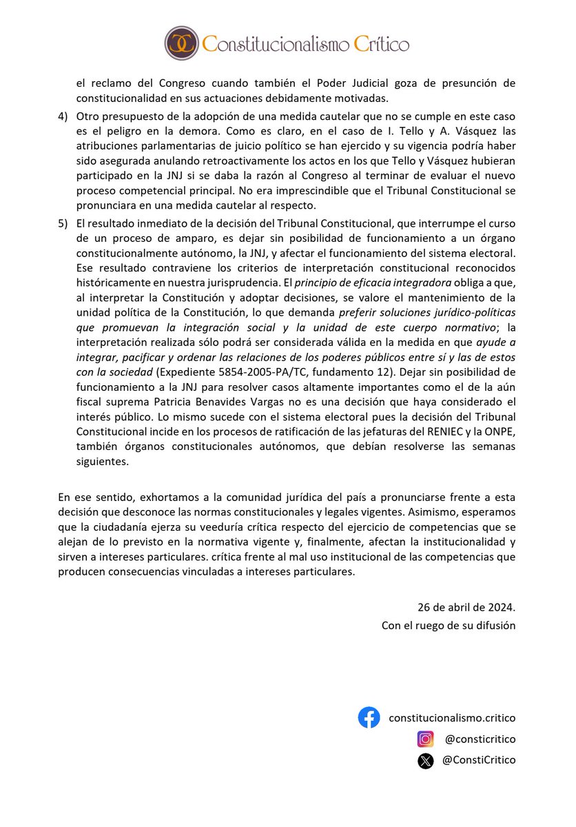 ConstiCritico's tweet photo. #Pronunciamiento Decisión mayoritaria @TC_Peru  interfiere en un proceso en trámite
Cuestionamos la decisión mayoritaria publicada ayer q suspende efectos de una resolución judicial en proceso d amparo por 5 razones q exponemos.
Exhortamos a la comunidad jurídica a pronunciarse⚖️ https://t.co/2W4Nv8RwAV