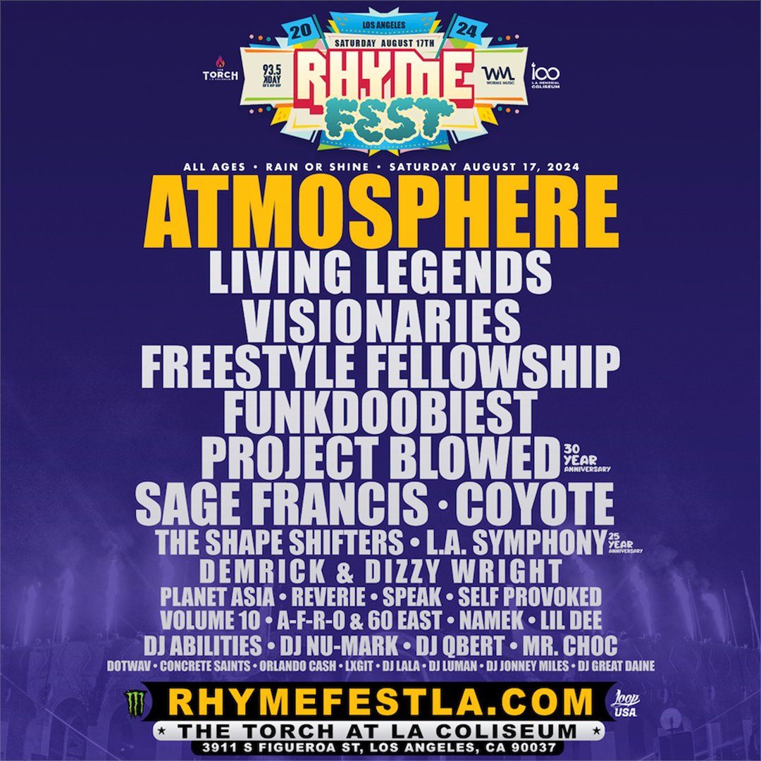 Rhyme Fest is coming to The Torch on Saturday, August 17! The festival will feature a headlining set from Atmosphere, two stages, graff walls, vendor village, beer garden & more. Get tickets now: ticketmaster.com/rhyme-fest-los…