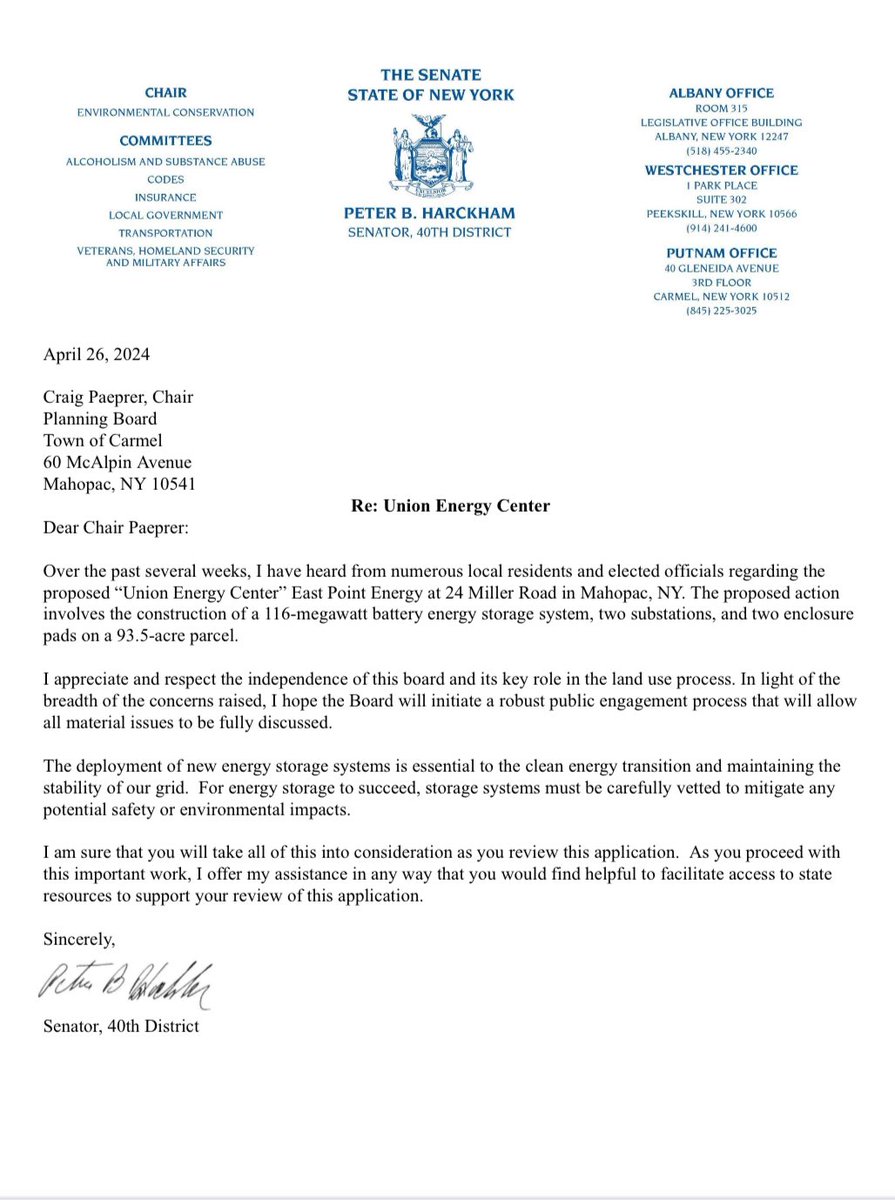 I wrote to the Carmel Planning Board today to call for a robust public engagement process in regards to the proposed lithium-ion battery farm project in Mahopac.