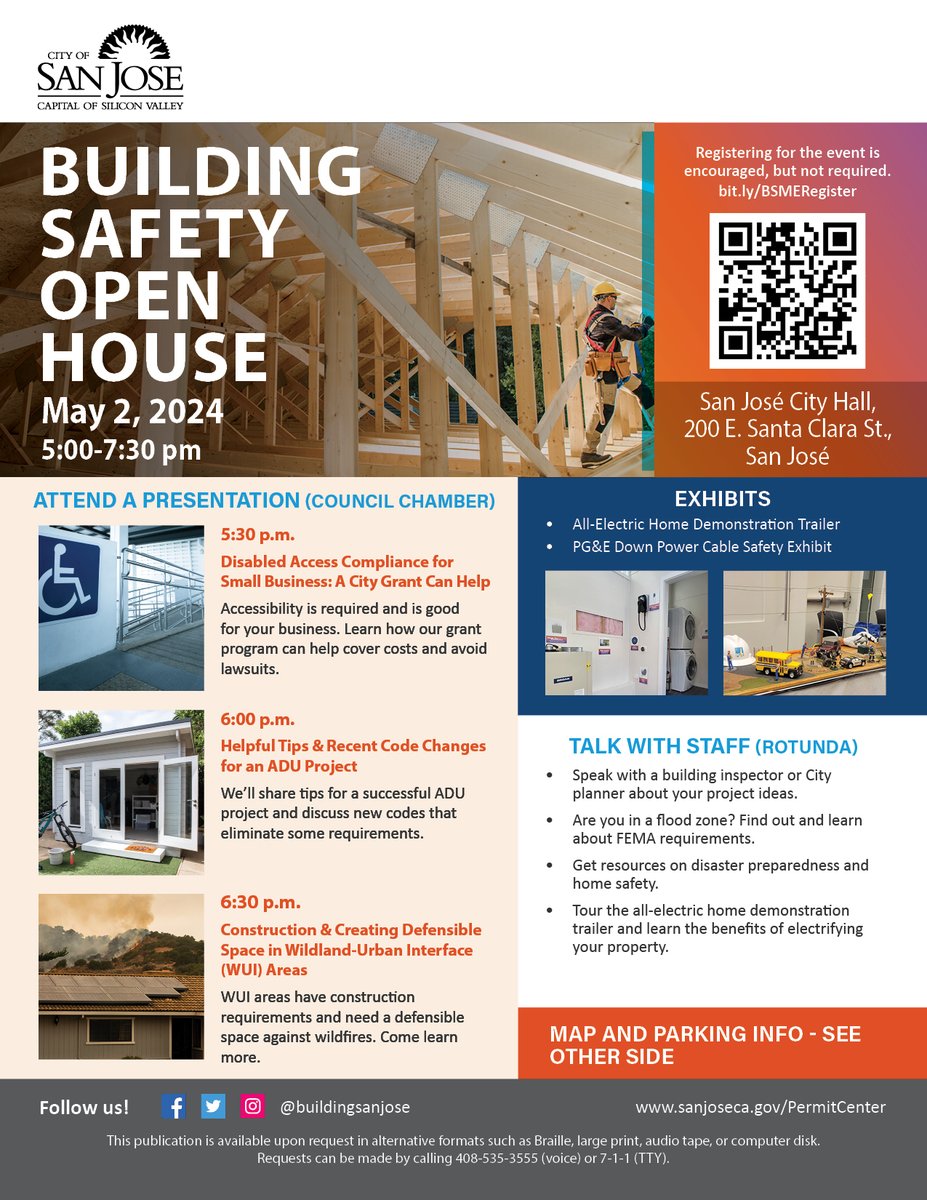 🔍 Have questions about ADUs, permits, flood zones, electrifying your home, accessibility for your business, or wildfire readiness? Come see us May 2! Details: bit.ly/BSMERegister