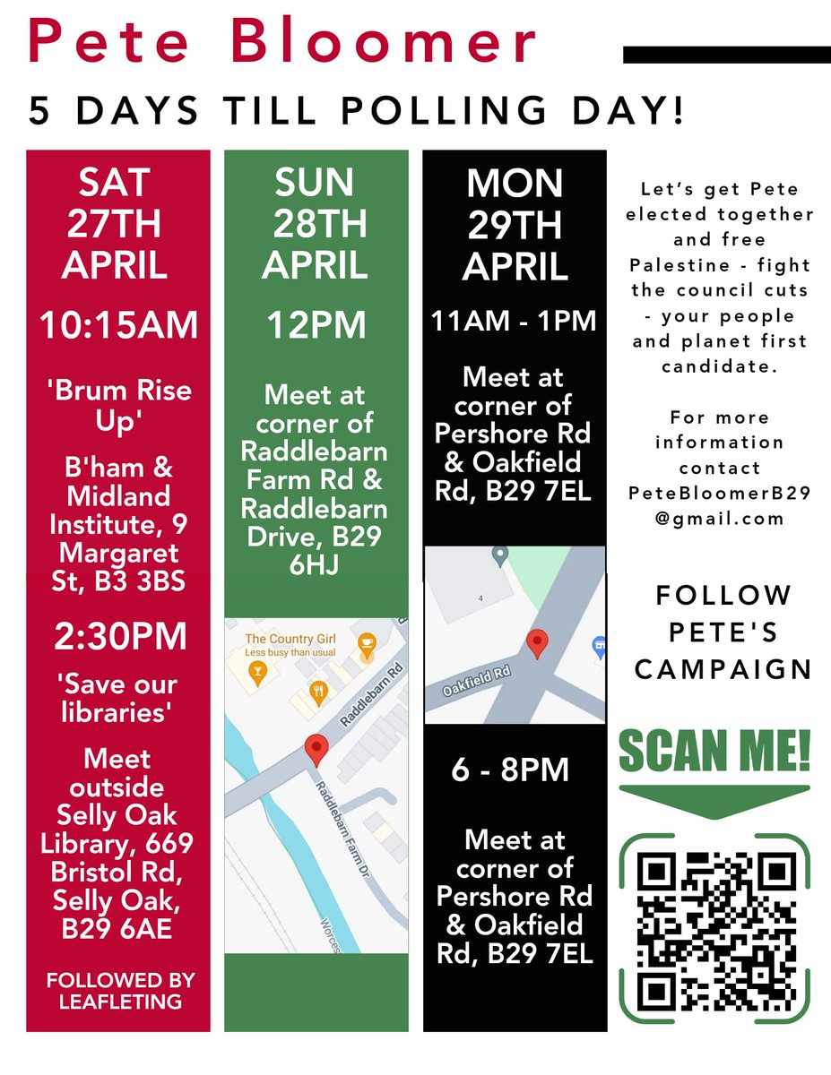 Campaign schedule for the next few days 😊

Hope to see you there ✊️

🎒 Please bring a bag to carry the leaflets. 

For more information contact PeteBloomerB29@gmail.com 

Please follow, like and share our campaign on social media, thank you so much! 😊 

#VotePeteBloomer