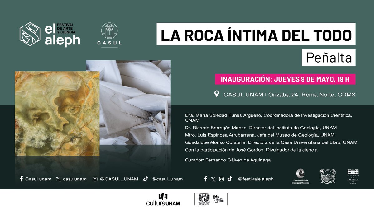 ¡‘La roca íntima del todo’ llega a CASUL! La próxima semana será la inauguración de esta exposición del artista Peñalta. Ven a conocer las obras que componen la muestra, donde ciencia y arte se encuentran y dialogan. ☄️🪨 

🗓️ Jueves 9 de mayo
🕛 19 h
📍 Orizaba 24, Roma Norte