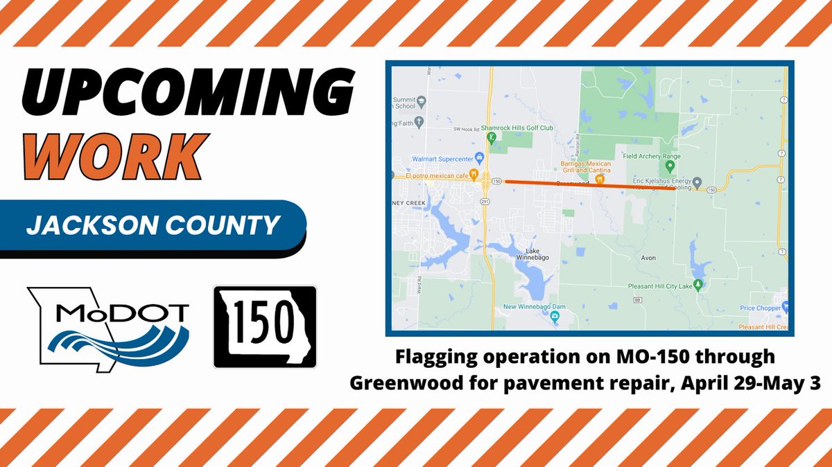 JACKSON COUNTY - Flagging operation on MO-150 through Greenwood from Mon., April 29 through Fri., May 3, for pavement repair. Link: modot.org/node/46026 #kctraffic