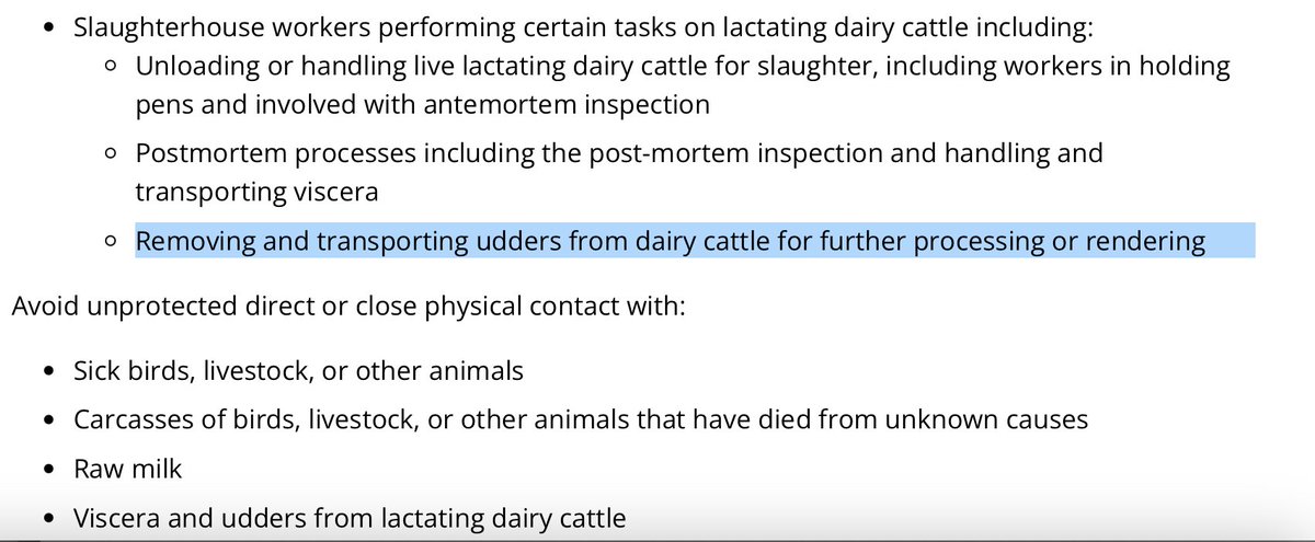 .@CDCgov expands its recommendations to safeguard workers exposed the dairy cows that might be infected with #H5N1 #birdflu to include workers in slaughterhouses. Among other things, they need to be careful how they handle udders. cdc.gov/flu/avianflu/h…