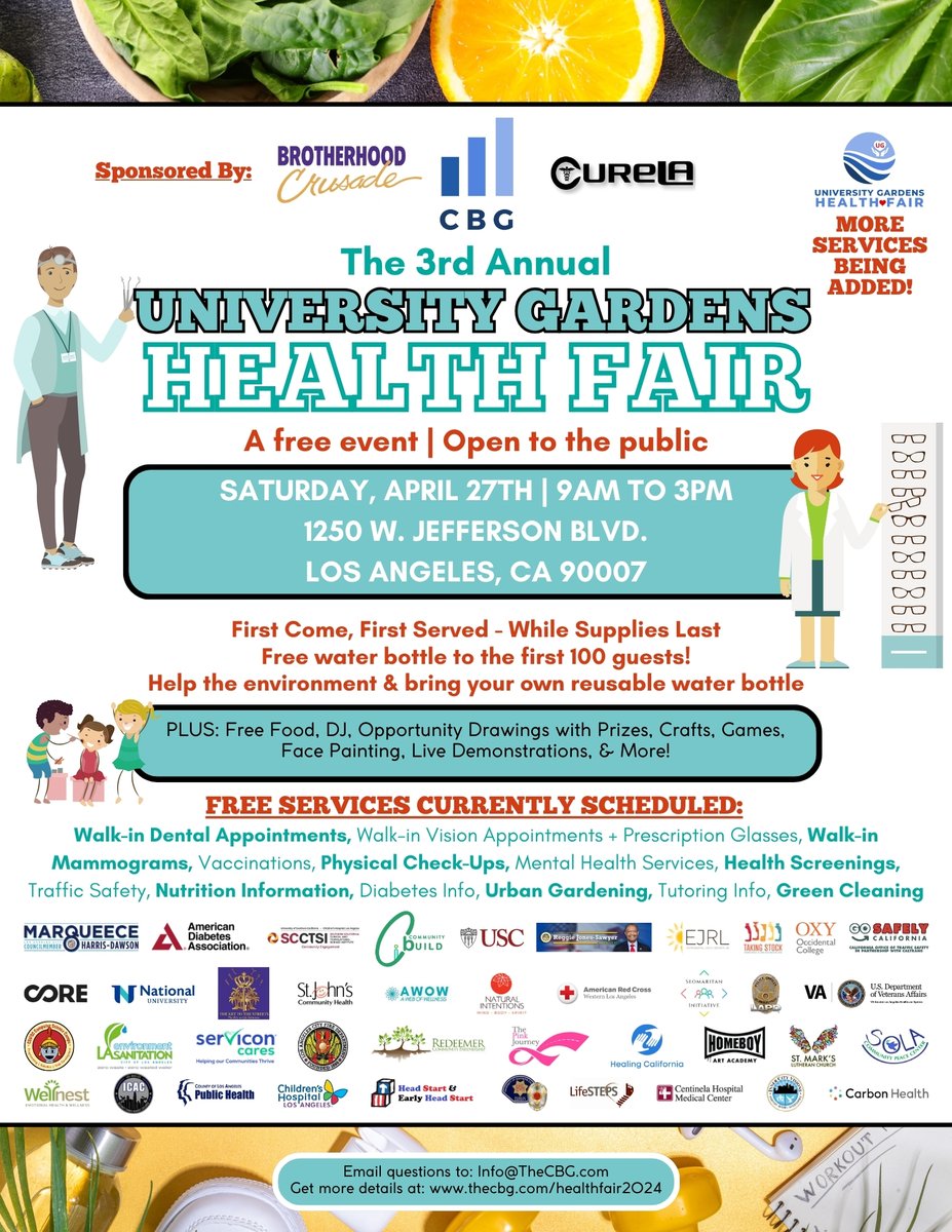 Join us TOMORROW for the 3rd Annual University Gardens Health Fair! Saturday, April 27, 2024 | 9:00am - 3:00pm 1250 W. Jefferson Blvd., Los Angeles, CA 90007 #BrotherhoodCrusade #UniversityGardensHealthFair #CommunityWellness #HealthyLiving