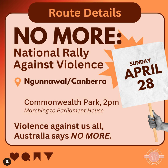 The @whatwereyouwearing rally is happening tomorrow Sunday 28th 2pm at Commonwealth Park starting location. 

This is an opportunity for the community to come together and stand in solidarity against domestic and family violence.