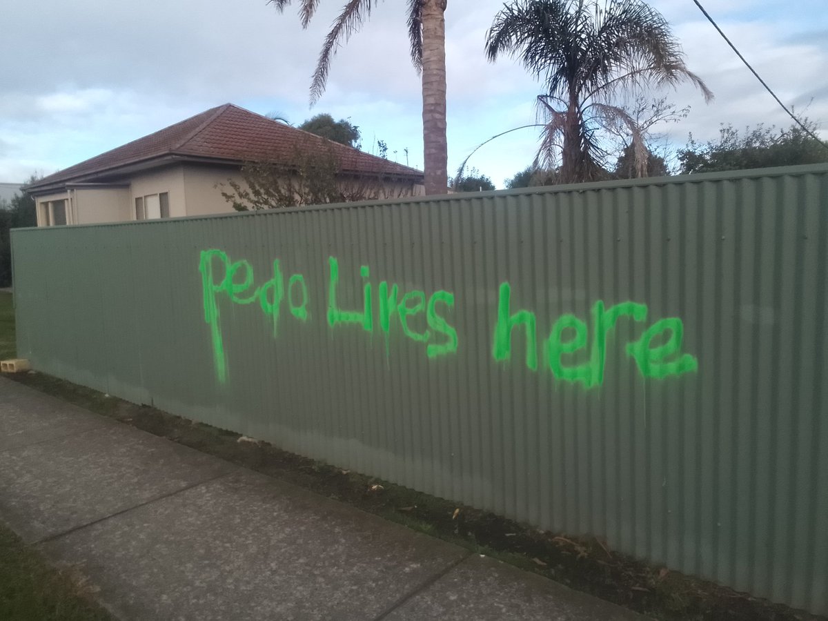 Someone painted 'pedo lives here' on our front fence. Which actually isn't true. Can you have the writing removed? @BassCoast @BassCoastNews #ShanePatton @VictoriaPolice #ReeceKershaw @AusFedPolice I can assure you that my wife isn't a 'pedo'.