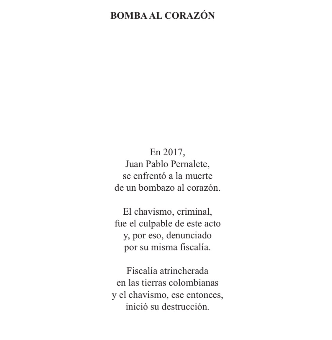 BOMBA AL CORAZÓN, dedicada a JUAN PABLO PERNALETE,quien perdió la vida en manos del Holocausto Chavista, hace 7 años @elloverah

Poemario Venezuela Desnuda,2019.
#23DeAbril #ProhibidoOlvidar #7AñosSinJuanPablo #TCMS3 #Kubo #Tchouameni #ArdaGüler #RealSociedadRealMadrid #Villarejo