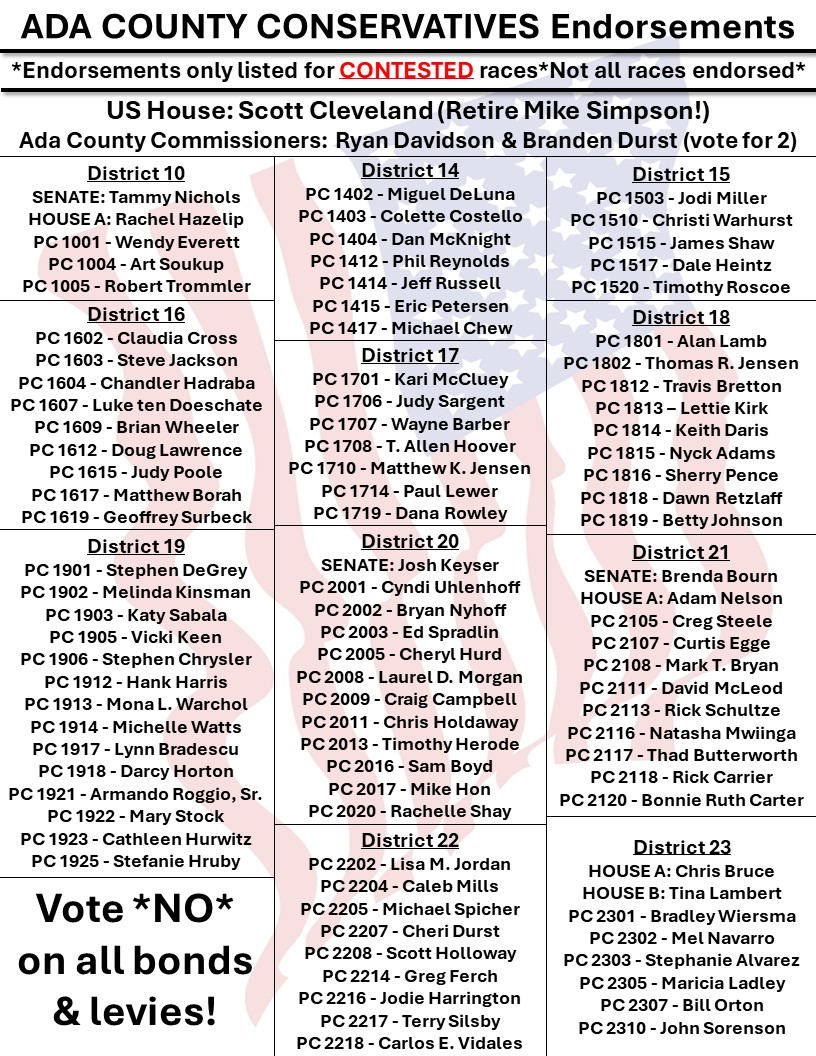 Here are the GENUINE CONSERVATIVE Republican candidates for Precinct Committeeman (and some other races) in Ada County. These are all candidates that support the conservative values in the Idaho Republican Party Platform. @IdahoGOP @ADAGOPCC