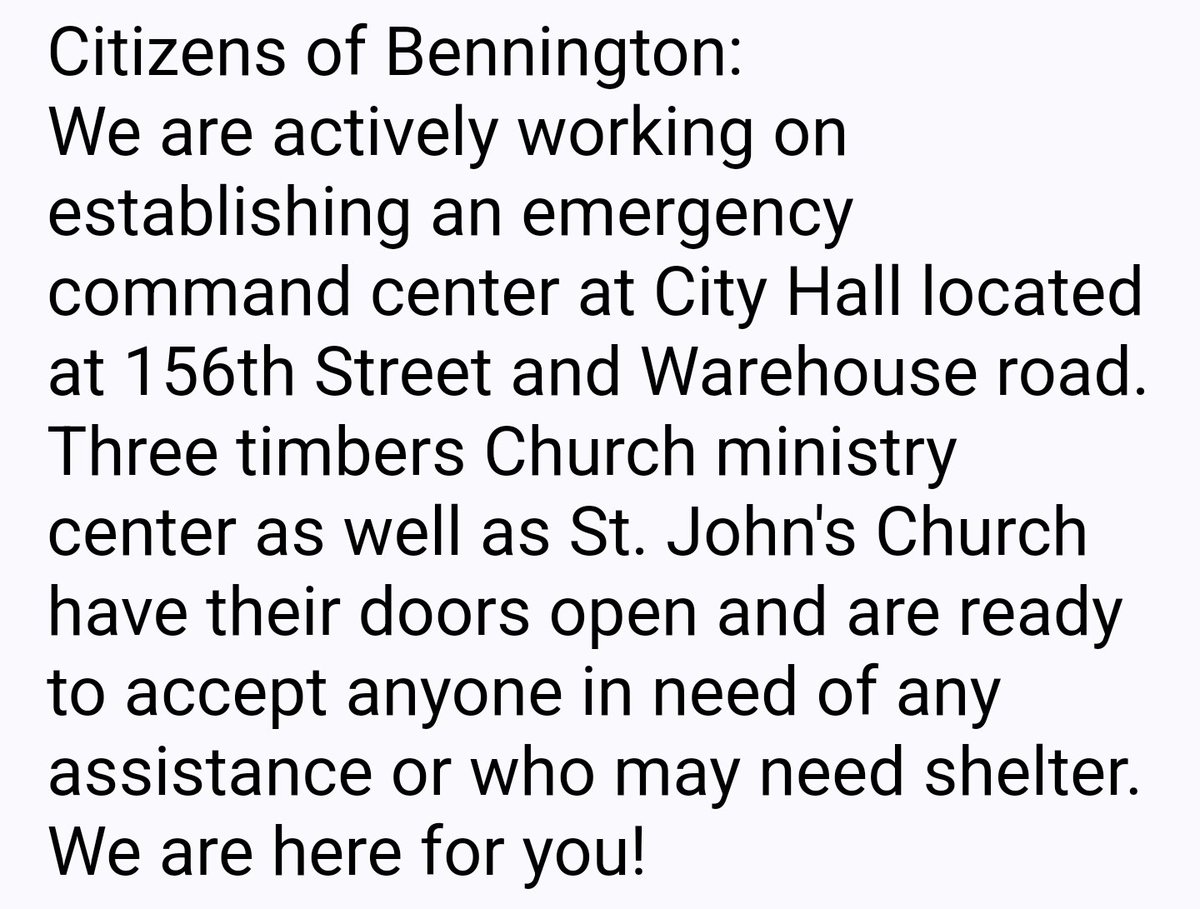 A message from Mayor Zac Johns is pictured BELOW. The school district is actively working with the city and local churches to figure out how to help. Please help spread the word of the shelter locations! #WeAreBPS