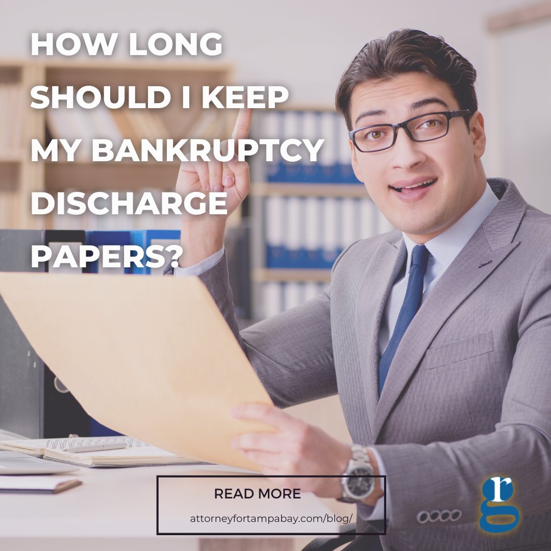 How long do you need to hold onto those discharge papers? Here’s what you need to know. bit.ly/44hodra

Call us at 813-387-6934 to schedule a free consultation.

#bankruptcylawyer #bankruptcy #debtfreejourney #robertgellerlaw