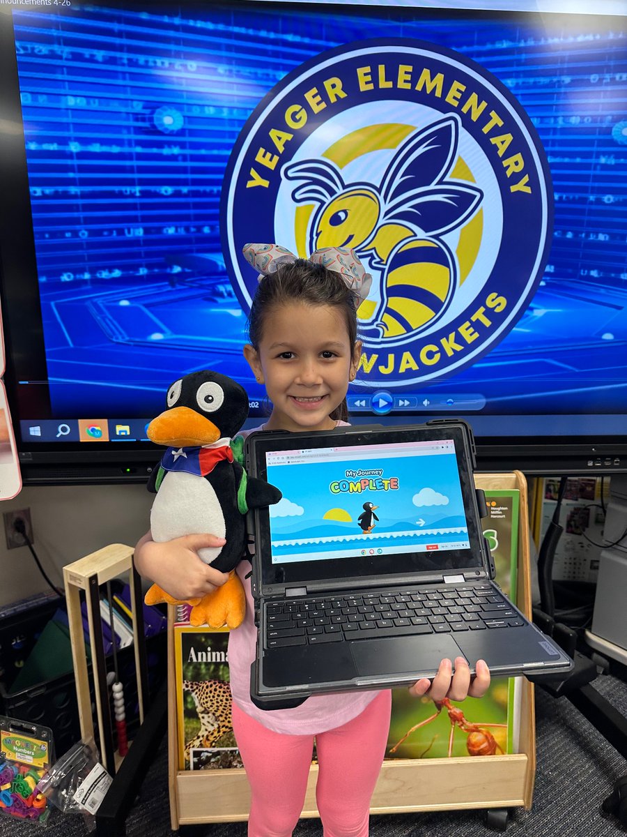Two more kindergarten friends finished their ST Math journey and even better because today was Jiji’s Day 🏆🐧🏆 #wheresJiji We love you Jiji @STMath @STMathTX @CyFairYeager 🐝
