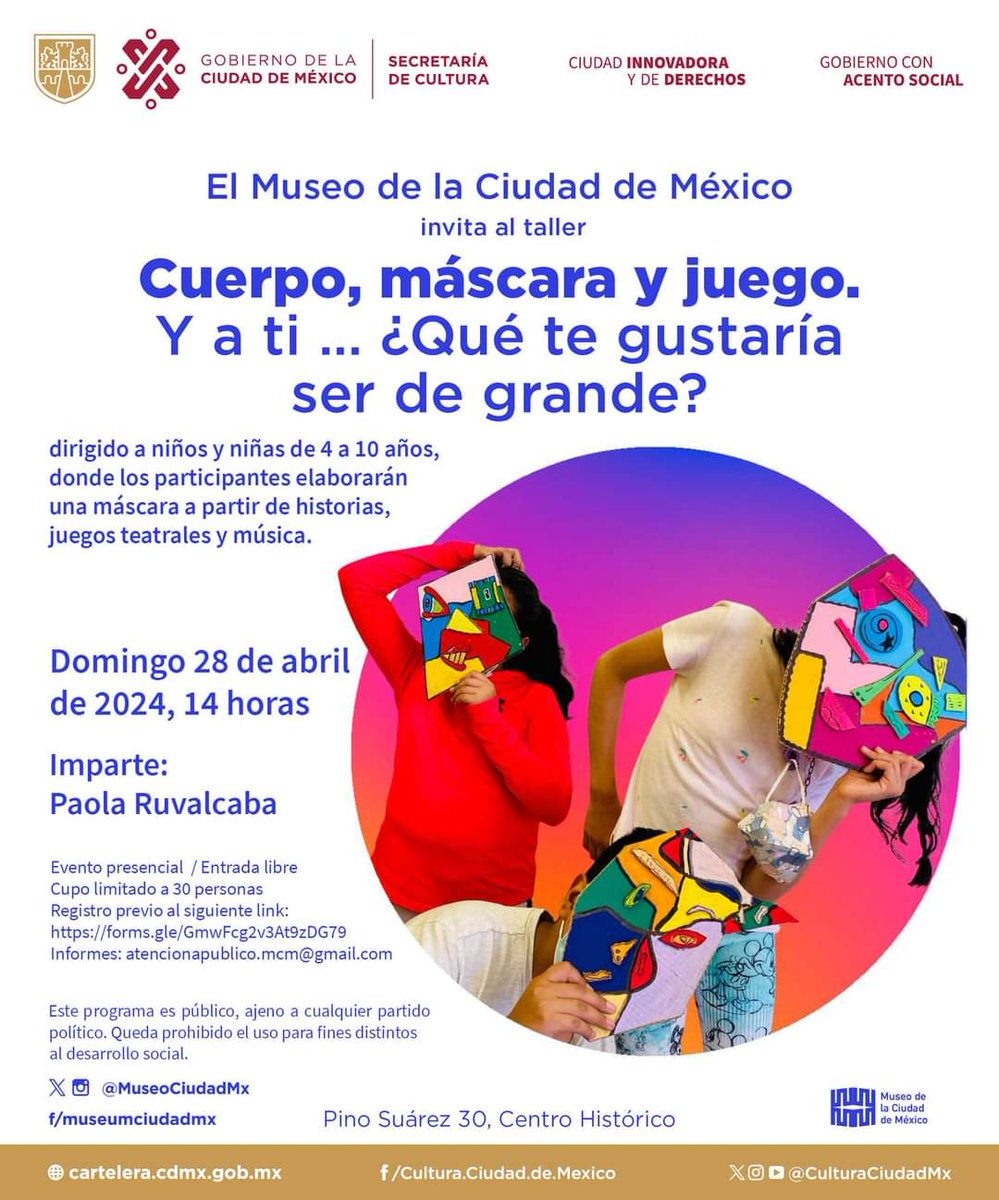 “Cuerpo, máscara y juego” es un taller infantil que imparte el @MuseoCiudadMX, en el que las niñas y los niños pueden realizar una máscara a partir de historias, juegos teatrales y música. Domingo 28 de abril | 14 horas | #EntradaLibre Más información en la #CarteleraCdMx:…