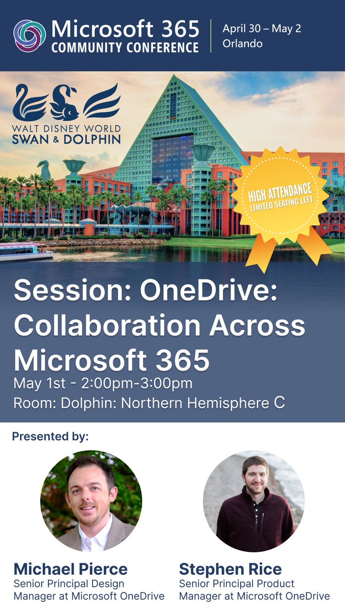 MichaelPierce's tweet image. Excited for @M365CONF! Join me in Orlando, May 1st, 2-3 PM for "@OneDrive: Collaboration Across #Microsoft365" More info: m365conf.com/#!/session/One…  #MicrosoftAI #MicrosoftCopilot #SharePoint  #MicrosoftCommunity