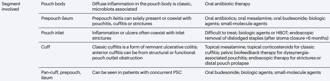 J-pouch anatomy: 
- appreciating the anatomy & accurate endoscopic reporting is critical in understanding the aetiology of 'pouchitis'
- different segmental involvement suggest different causes --> different rx approaches