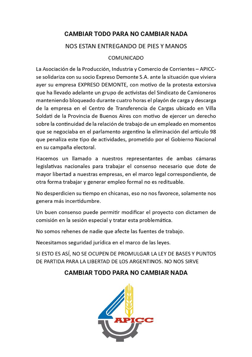 Emitimos un comunicado ante la situación acontecida con la empresa Expreso Demonte