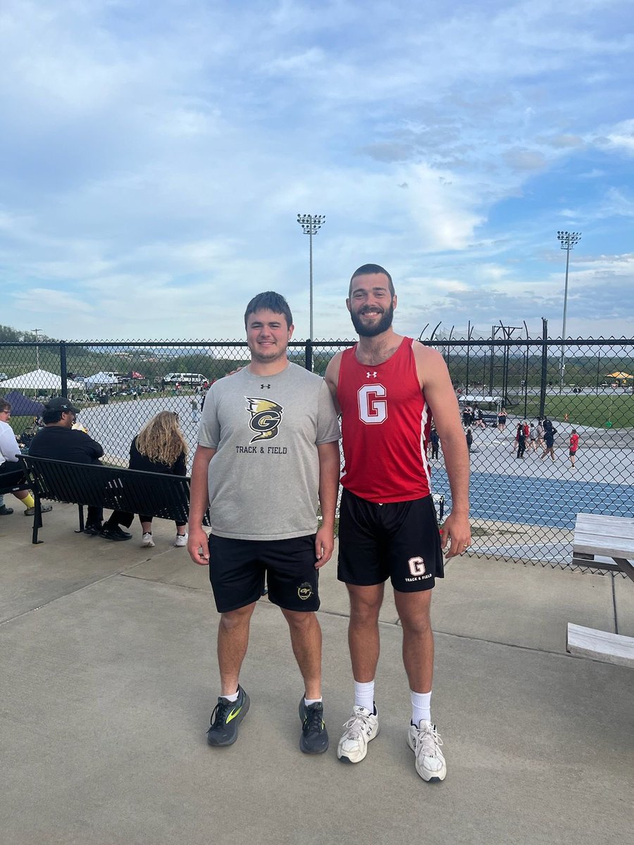 2020 alumni Noah Foust (discus) &amp; Nick Gustafson (shot) both took first place at the Presidents’ Athletic Conference Track Championships today. Congratulations to both!!